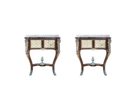 A PAIR OF MAHOGANY, MARBLE-TOPPED, PORCELAIN AND GILT-METAL MOUNTED ADAM-STYLE COMMODES each moulded marble top above a porce