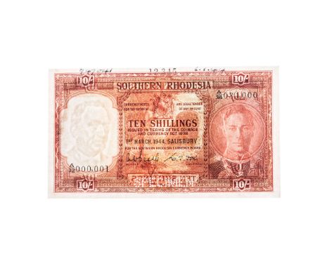 SOUTHERN RHODESIA  -  1944  -   10 SHILLING ‘SPECIMEN’ NOTE  -  PERFECT CONDITION An incredibly rare item. An early printing 