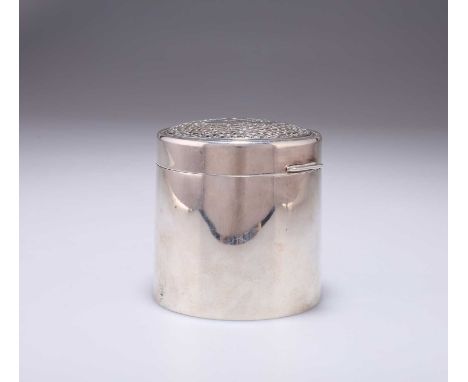 AN ELIZABETH II SILVER CADDY by John Alistair Donald, London 1986, the cylindrical box with hinged domed cover, the top inset