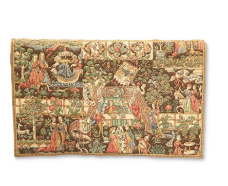 A PAINTED FABRIC WALL HANGING decorated with medieval figures, trees and deer. Textile only 75cm by 110cm