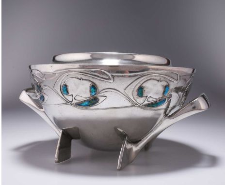 A LIBERTY &amp; CO TUDRIC PEWTER AND ENAMEL TWO-HANDLED ROSE BOWL, DESIGNED BY ARCHIBALD KNOX no. 0228, cast with stylised ho