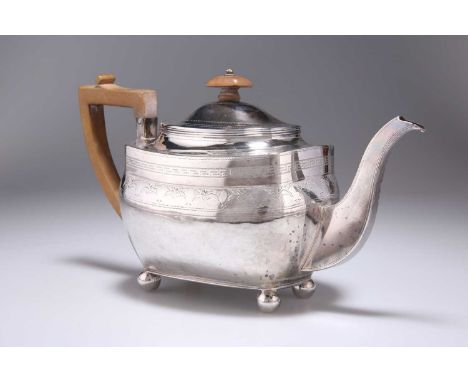 A GEORGE III SILVER TEAPOT by Robert Hennell I &amp; Samuel Hennell, London 1806, engraved with a Greek Key frieze above a fu