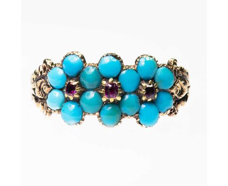 A VICTORIAN TURQUOISE AND GARNET SENTIMENTAL RING three turquoise and garnet-set clusters depicting forget-me-nots to fancy f