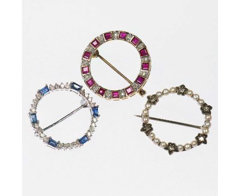 THREE GEM-SET HOOP BROOCHES comprising an 18 carat white gold diamond and sapphire hoop brooch, estimated total diamond weigh