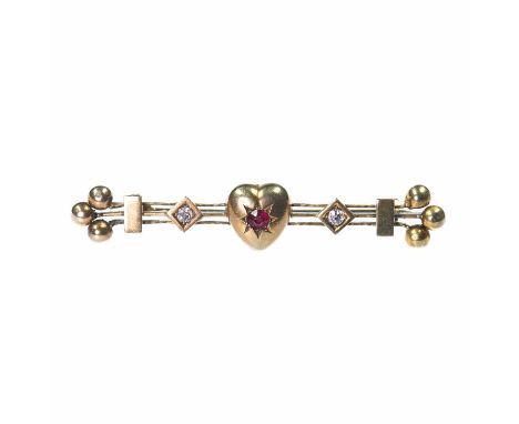 A VICTORIAN GARNET-TOPPED DOUBLET AND DIAMOND HEART BAR BROOCH a central heart star-set with a garnet-topped doublet to a fan