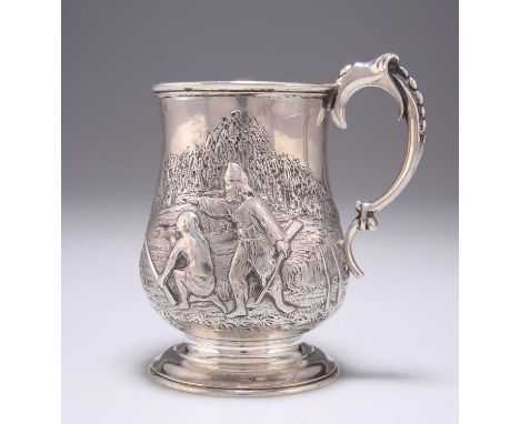 A VICTORIAN SILVER MUG by Robert Harper, London 1871, of baluster form, chased with two figures holding guns and a group of f