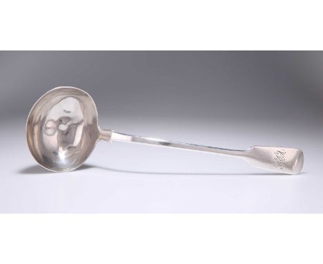 A VICTORIAN SILVER SOUP LADLE by Samuel Whitford, London 1855, Fiddle pattern, engraved with initials. 33.5cm long, 8.8 troy 