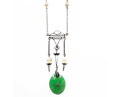 AN ART DECO JADE, PEARL AND DIAMOND PENDANT NECKLACE an oval jade set with an eight-cut diamond suspended from a geometric kn