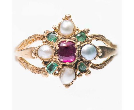 A VICTORIAN RUBY, SPLIT PEARL AND EMERALD CLUSTER RING a cushion-cut ruby within a border of split pearls and accented with e