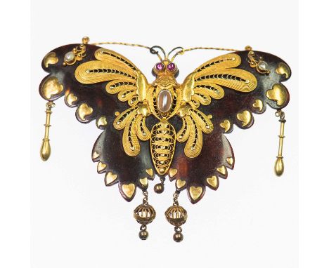 A 19TH CENTURY TORTOISESHELL, RUBY AND PEARL BUTTERFLY BROOCH with applied cannetille decoration to a tortoiseshell ground, w