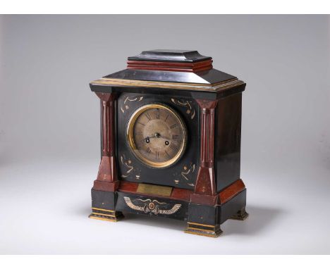 AN EGYPTIAN REVIVAL BRASS-MOUNTED, RED MARBLE AND POLISHED SLATE MANTEL CLOCK, 19TH CENTURY retailed by R. Drummond &amp; Son