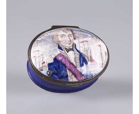 A BILSTON ENAMEL PATCH BOX OF NELSON INTEREST, CIRCA 1806-10 oval, the hinged cover with a hand-coloured print of Nelson show