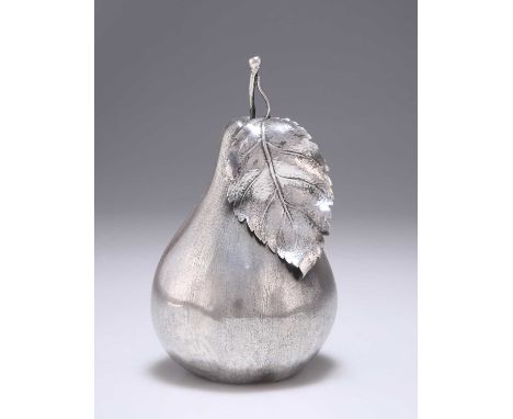 AN ITALIAN SILVER NOVELTY TABLE LIGHTER by Mario Buccellati, in the form of a pear. 15cm high, 7 troy ounces gross