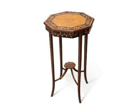 AN EDWARDIAN SATINWOOD, ROSEWOOD AND INLAID OCCASIONAL TABLE the octagonal top with a floral border and centred by a geometri