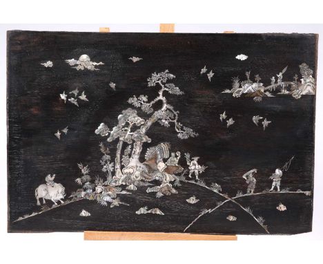 A 19TH CENTURY CHINESE MOTHER-OF-PEARL INLAID PANEL rectangular, depicting figures, trees and buffalo. 37.5cm by 58cm