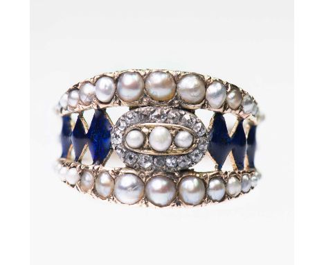 AN EARLY 19TH CENTURY SEED PEARL, DIAMOND AND ENAMEL RING three seed pearls within a border of diamonds and pierced blue enam