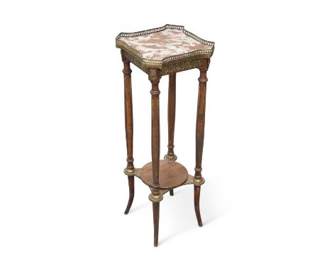 A FRENCH MARBLE-TOPPED AND GILT METAL-MOUNTED STAND the square top with everted corners and pierced brass gallery, the frieze