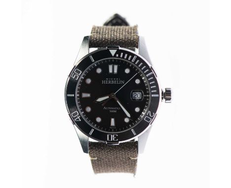 A MICHEL HERBELIN STAINLESS STEEL AUTOMATIC DIVER'S WATCH with circular black dial signed Michel Herbelin Automatique 300m, s