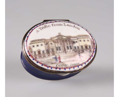 A BILSTON ENAMEL PATCH BOX, CIRCA 1790 of oval form, the hinged cover printed and hand-coloured with 'A Trifle from London / 