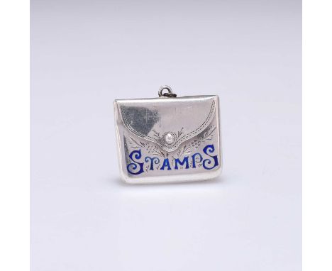 A GEORGE V SILVER AND ENAMEL NOVELTY STAMP CASE by Crisford &amp; Norris Ltd, Birmingham 1912, inscribed STAMPS in blue ename