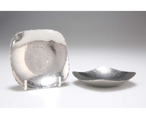 A PAIR OF ARTS AND CRAFTS STYLE KESWICK DISHES by B.M.I, Keswick, each dish square shaped with rounded corners, the spot-hamm