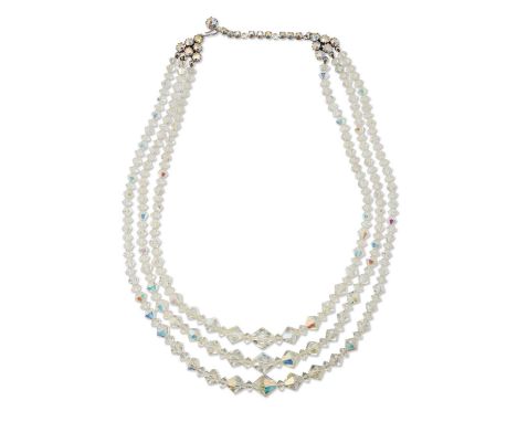 TWO NECKLACES comprising a triple strand crystal bead necklace, 50cm long; and a simulated pearl collar necklace, comprising 