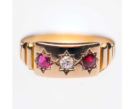 A VICTORIAN 15 CARAT GOLD RUBY AND DIAMOND RING a star-set old-cut diamond spaced by round-cut rubies to stepped shoulders. H