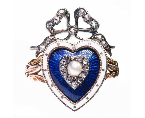 A SPLIT PEARL, ENAMEL AND DIAMOND SENTIMENTAL RING a split pearl within a diamond-set heart-shaped border within a blue and w