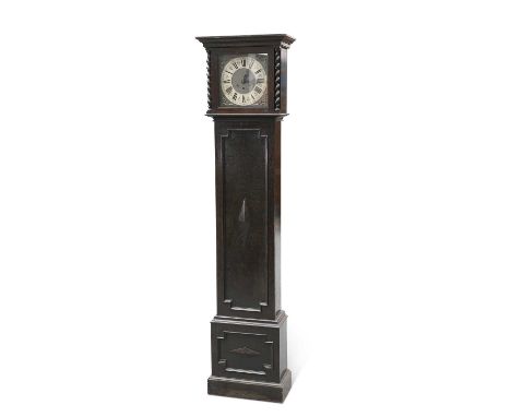 A 1920S OAK THREE-TRAIN LONGCASE CLOCK the 9¾-inch square brass dial with silvered Roman chapter, the hood with barleytwist c