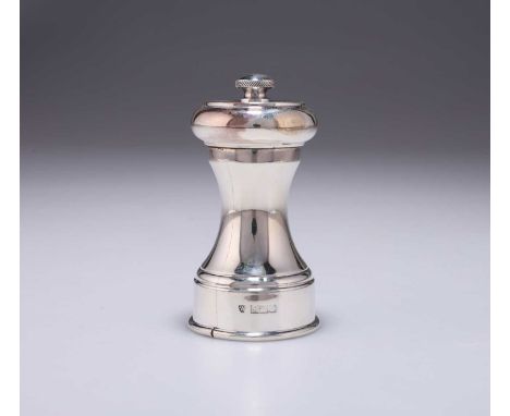 AN ELIZABETH II SILVER PEPPER GRINDER by J B Chatterley &amp; Sons Ltd, Birmingham 1975, of plain waisted form. 9.3cm high, 5