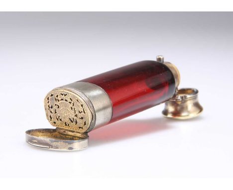 A VICTORIAN SILVER GILT-MOUNTED RUBY GLASS SCENT BOTTLE AND VINAIGRETTE COMBINATION by Sampson Mordan &amp; Co, London 1874, 