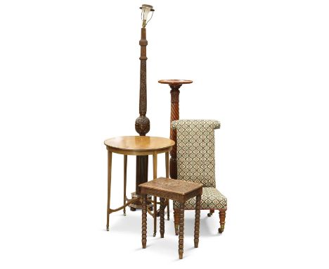 A GROUP OF FURNITURE including a 1930s carved oak standard lamp; a Victorian prie-dieu; a carved oak occasional table; etc. (