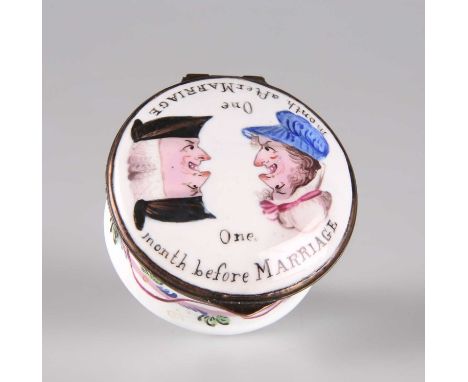 A RARE BILSTON 'BEFORE AND AFTER' ENAMEL PATCH BOX,  CIRCA 1770 the lid with a hand-painted depiction of a happy couple one m