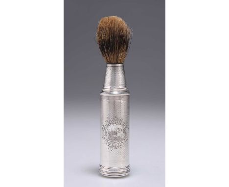 A CONTINENTAL SILVER SHAVING BRUSH 800 standard, late 19th Century, with engine-turned ground, engraved with a monogram withi