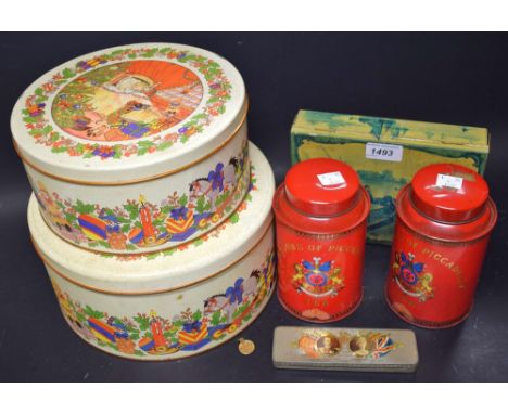 Tins -  Huntley and palmers biscuit tin, printed with Dutch winter landscape; Christmas tins; tea caddy; others, Cadburys; qt