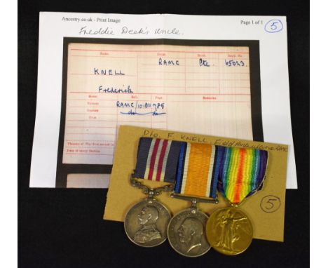 Medals, WW1, group of three, Private Frederick Knell, RAMC (Royal Army Medical Corps), Military Medal, G.V.R. (65623 Pte. F. 