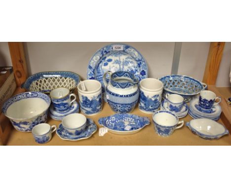  Blue and white ceramics - a Herculaneum basket circa 1805; a 19th Century pearlware jug; thirteen miniature Ridgways plates,