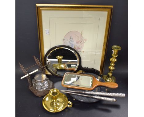 Boxes and Objects - a cast metal pen stand, glass inkwell, silver cover; silver handled button hook, another smaller; brass c