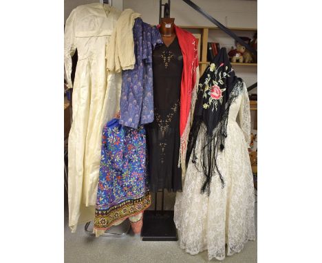 Vintage Costume - a 1920s embroidered dress; an embroidered silk blouse; a 1950s lace wedding dress; another satin; canton si