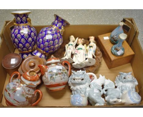 Ceramics and Treen - three Japanese ladies; a pair Japanese Yoshimi K Foo dogs; pair of blue glazed and gilded vases;oak mone