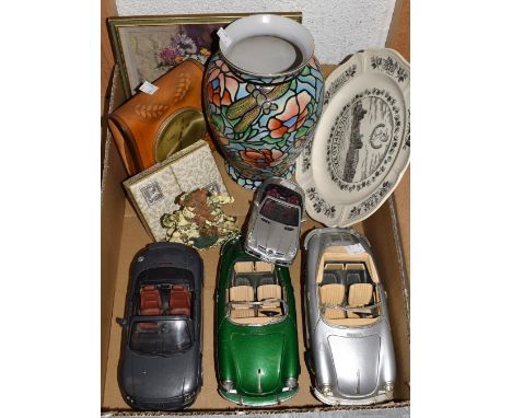 Household - a Burago model car, Porche 356B others Audi TT etc;  a vase;  playing cards;  plates etc 