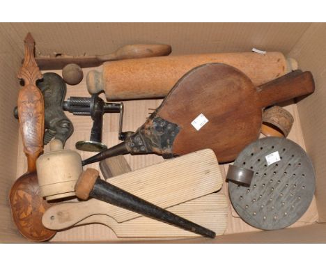 Kitchenalia - a 19th century sycamore spoon; a pair of 19th century butter pats; a rolling spin; sieving spoon/scoop; a Victo