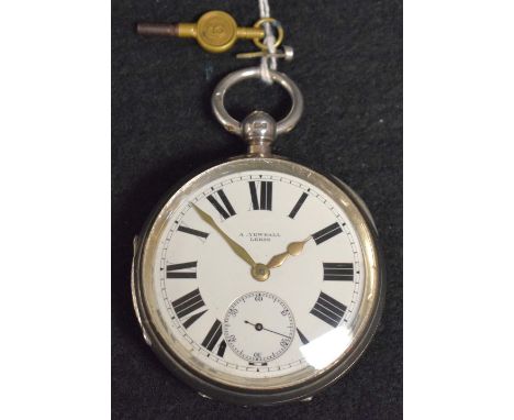 An Edwardian silver cased open face pocket watch, A Yewdall, Leeds, white enamel dial, bold Roman numerals, minute track, sub