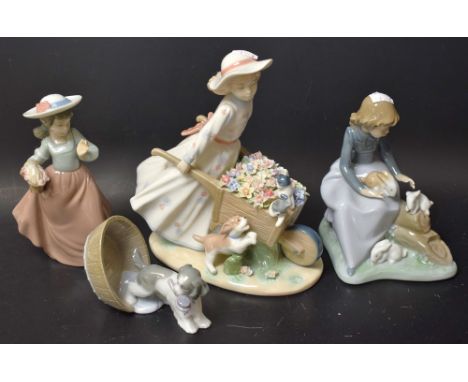 A Nao figure girl with rabbits No 1026; others, Basket of Flowers; etc (4)