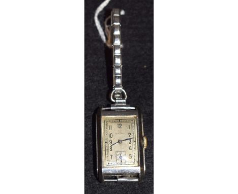 Omega - an Art Deco steel cased wrist watch, rectangular silvered dial, Arabic numerals, minute track, subsidiary seconds, ma