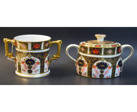 A Royal Crown Derby 1128 pattern Imari sucrier and cover, an 1128  two handled loving cup, seconds