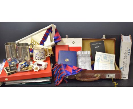 Masonic Interest - a brown case, with aprons, sash, medals, books etc qty others Round Table