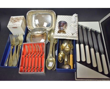 A set of EPNS cake forks, boxed; others 19th century and later, flatware, pickle fork, preserve spoons; qty