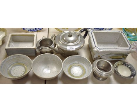 An Andrew Hague studio pottery stone ware planter; another smaller; similar bowls; a Civil pewter tea pot, jug and sugar bowl