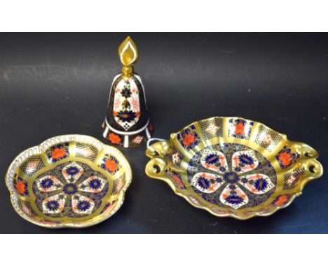 A Royal Crown Derby 1128 pattern Imari candle snuffer, an 1128 bon-bon dish with solid gold band, an 1128 five petal tray, al